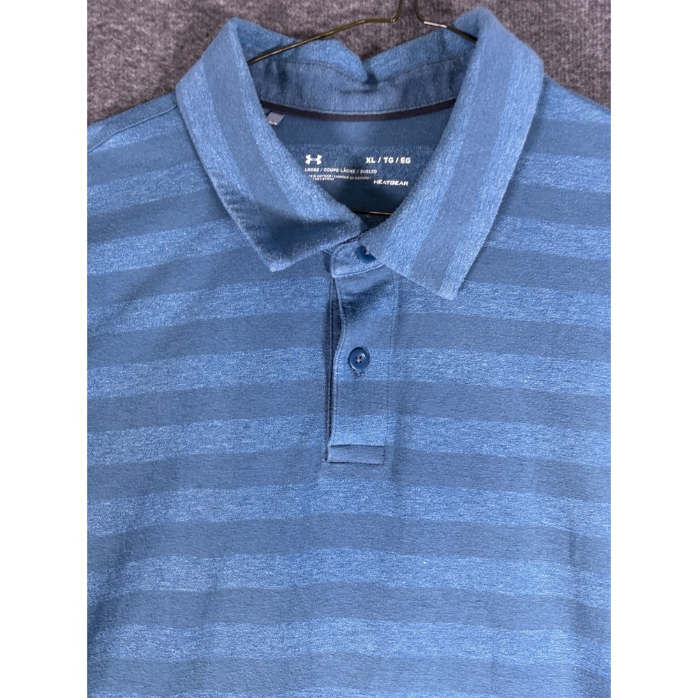 Under‎ Armour Loose Fit Heat Gear Polo Short Sleeve Size Large Blue Stripe - Picture 4 of 7